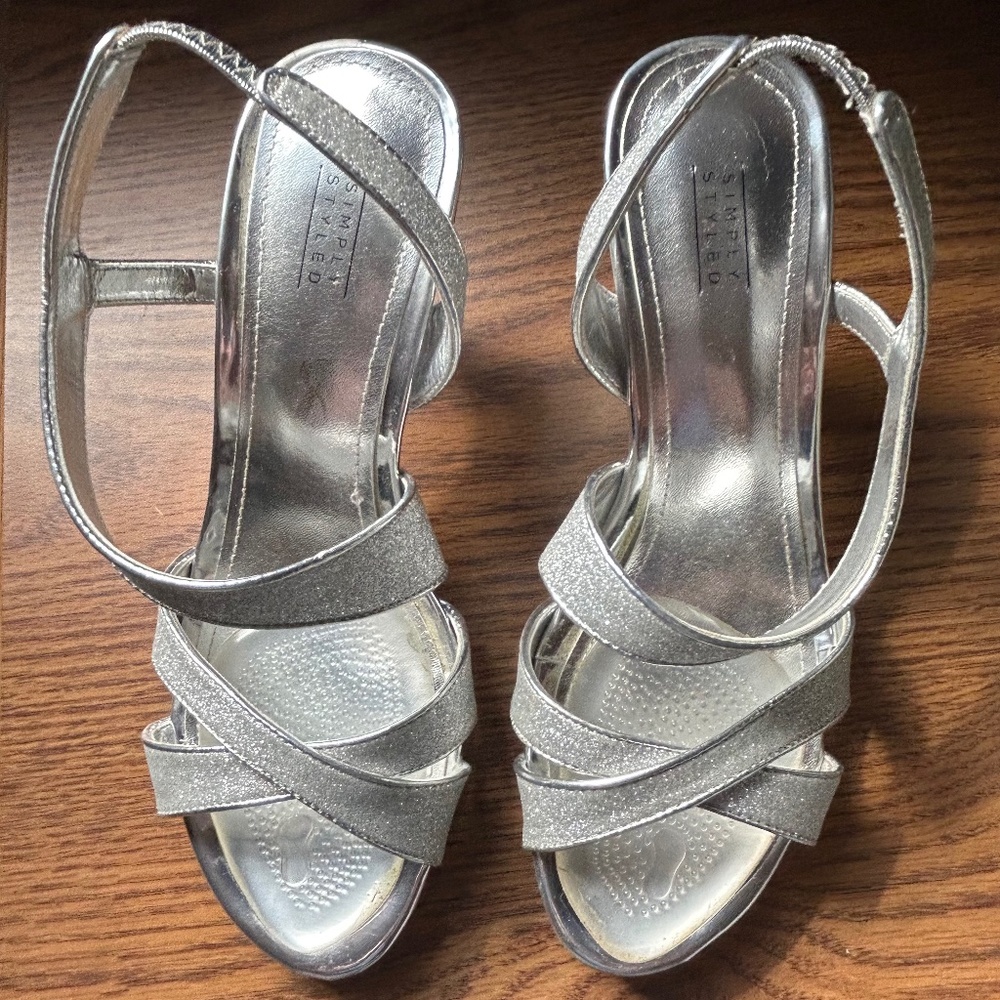 Glittery, dressy, silver sandals with 2 inch heel